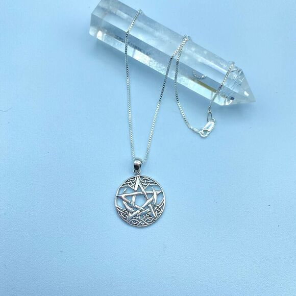 Celtic Crescent Moon With Pentagram Sterling Silver Necklace Box Chain - Picture 1 of 5